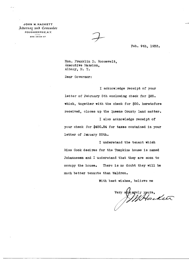 [a906as01.jpg] - Letter to FDR from John M. Hackett February 9, 1932
