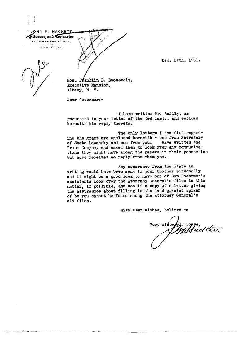 [a906au01.jpg] - Letter to FDR from John M. Hackett December 12, 1931