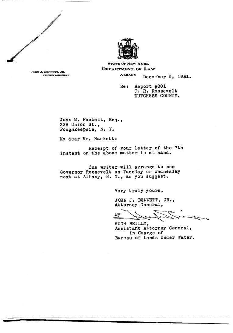 [a906av01.jpg] - Letter to John M. Hackett from Hugh Reilly, Attorney General, December 9, 1931