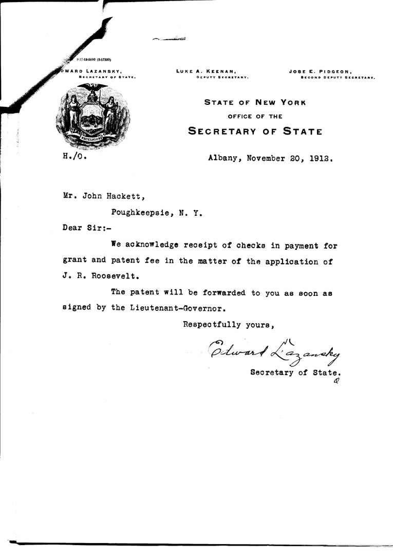 [a906aw01.jpg] - Letter to John M. Hackett from Edward Lanzansky, Secretary of State, November 30, 1912