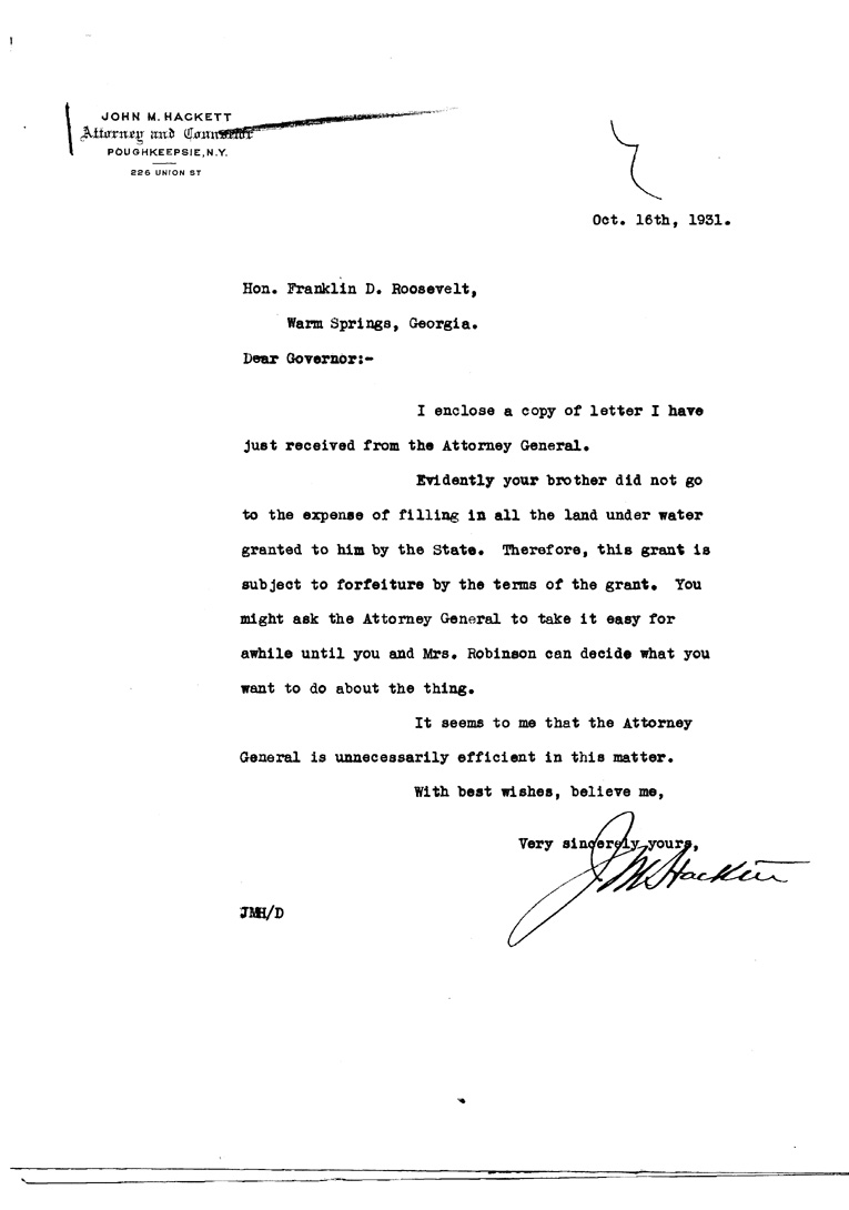 [a906ay01.jpg] - Letter to FDR from John M. Hackett October 16, 1931