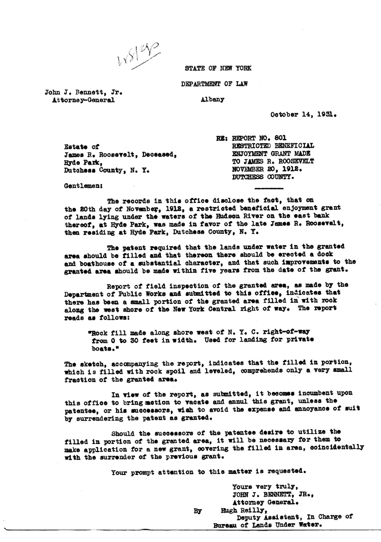 [a906az01.jpg] - Letter to Estate of James R. Roosevelt from John j. Bennett, Jr., Attorney General, October 14, 1931