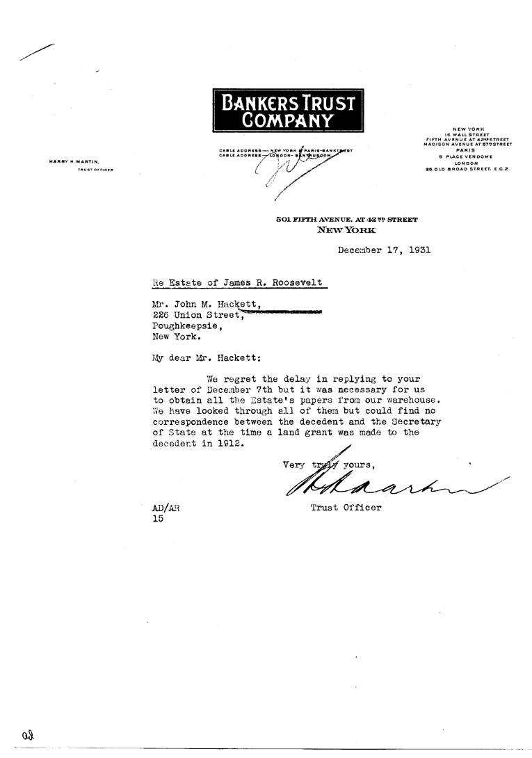 [a906ba01.jpg] - Letter to John M. Hackett from Banker Trust Company December 17, 1931