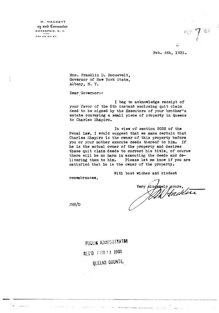 [a906bd01.jpg] - Letter to FDR from John M. Hackett February 6, 1931