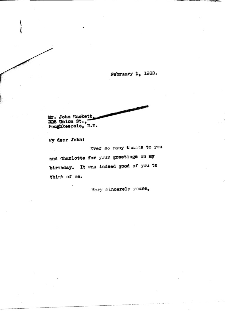 [a906be01.jpg] - Letter to John M. Hackett from FDR February 1, 1932