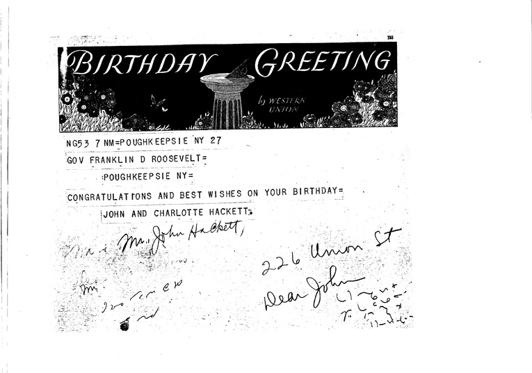 [a906bf01.jpg] - Birthday Greeting from John and Charlotte Hackett to FDR