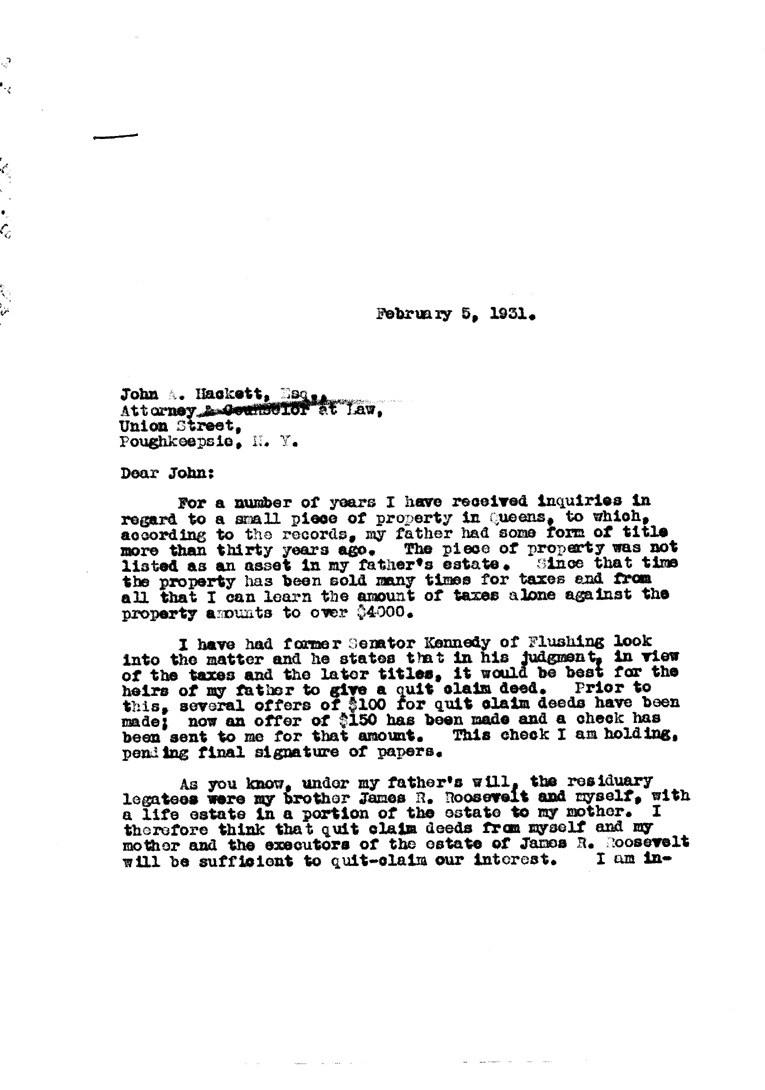 [a906bg01.jpg] - Letter to John A. Hackett from FDR February 5, 1931