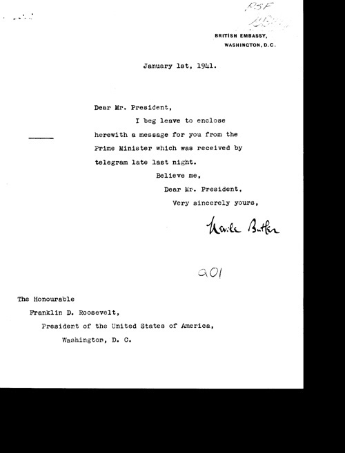 [a316a01.jpg] - Neville Butler-> FDR Letter about message from Prime Minister 1/1/41