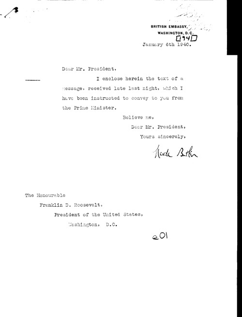[a316e01.jpg] - Neville Butler --> FDR Letter regarding message from Prime Minister 1/6/40 (?- 1/6/41)