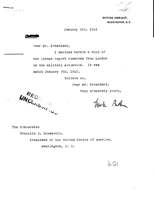 [a316h01.jpg] - Neville Butler --> FDR Letter about military situation 1/9/41 Telegram from London regarding military situation 1/7/41