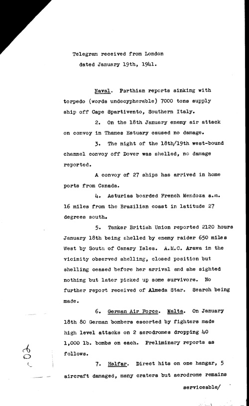 [a316r02.jpg] - Telegram from London regarding military situation 1/19/41