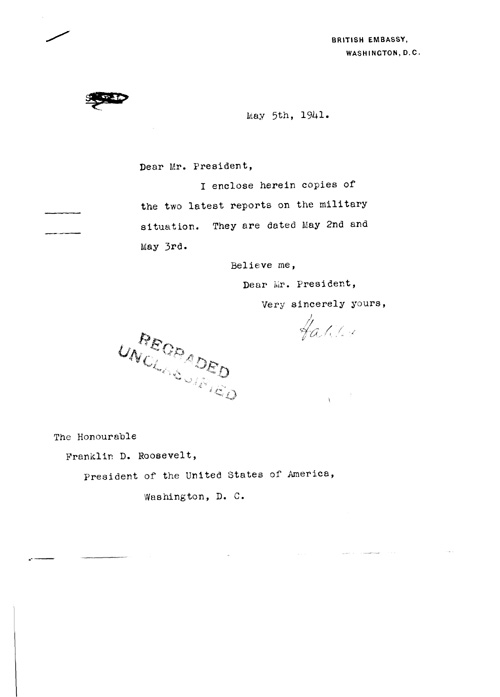 [a320c01.jpg] - Cover letter; Halifax-->FDR 5/5/41