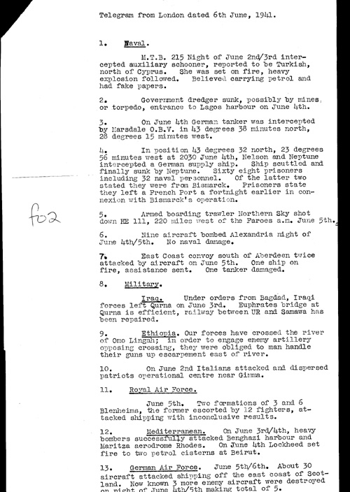 [a321f02.jpg] - Telegram from London on military situation 6/6/41