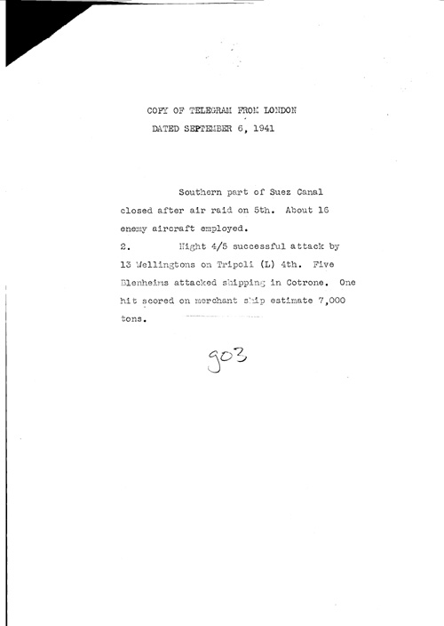 [a323g03.jpg] - Telegram from London on military situation 9/6/41 Cover letter; Campbell-->FDR 9/10/41