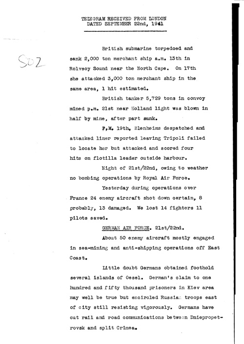 [a323s02.jpg] - Telegram from London on military situation 9/22/41