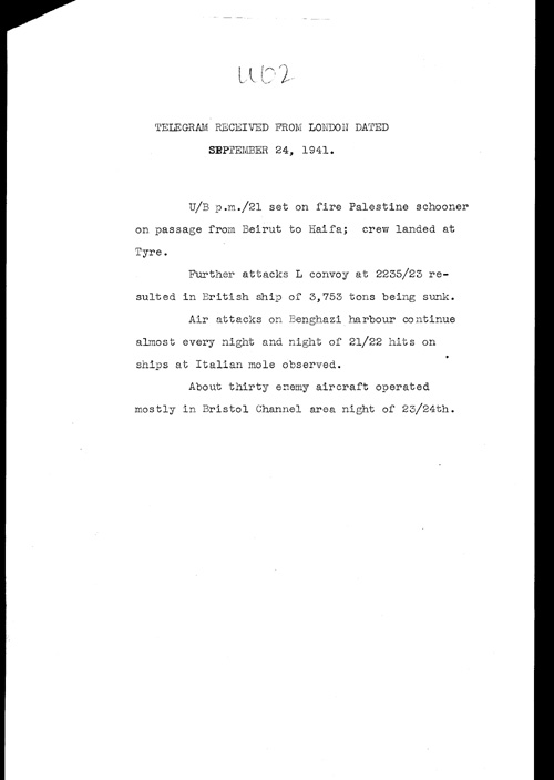 [a323u02.jpg] - Telegram from London on military situation 9/24/41
