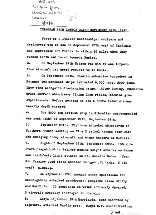 [a324a02.jpg] - Telegram from London on military situation 9/29/41