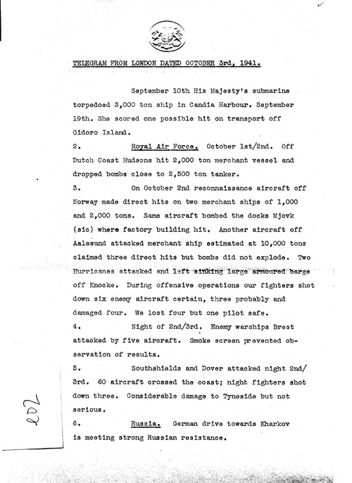 [a324e02.jpg] - Telegram from London on military situation 10/3/41