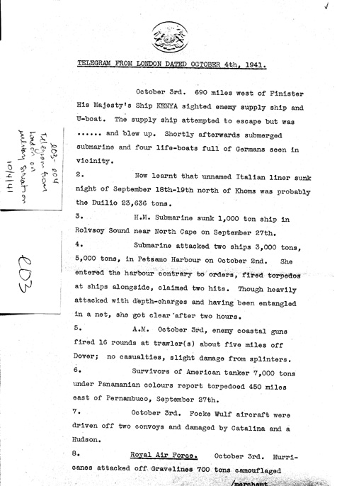 [a324e03.jpg] - Telegram from London on military situation 10/4/41