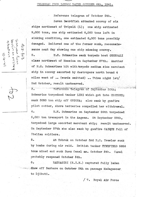 [a324f02.jpg] - Telegram from London on military situation 10/6/41