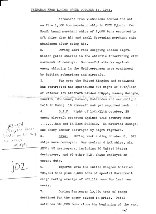 [a324j02.jpg] - Telegram from London on military situation 10/11/41