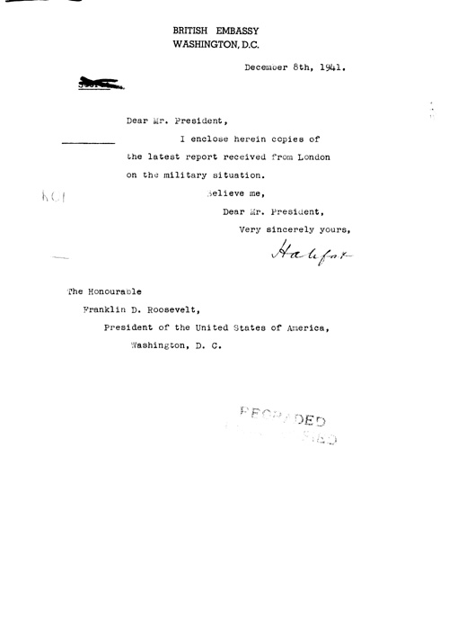 [a326h01.jpg] - Halifax --> FDR Letter regarding military situation 12/8/41