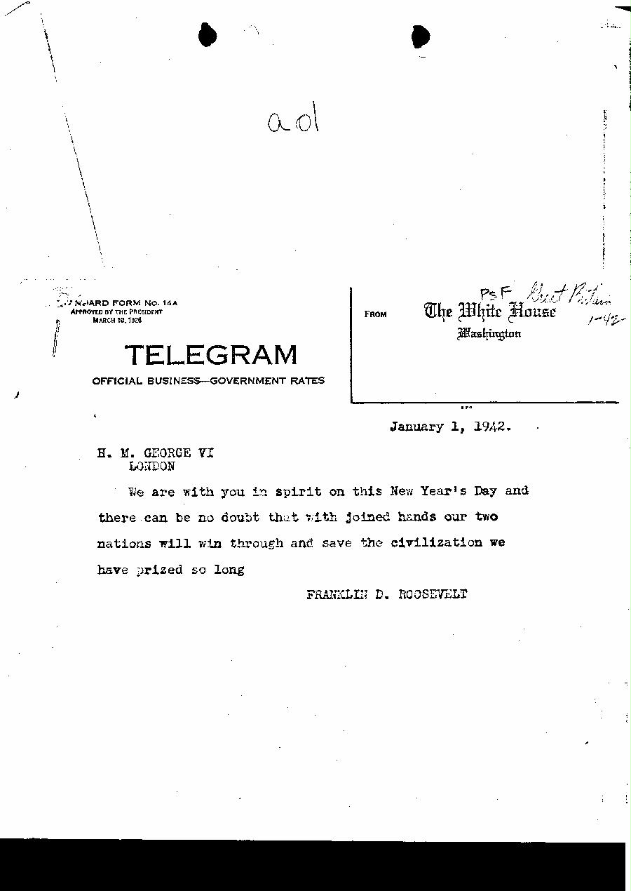 [a327a01.jpg] - Telegram FDR --> H.M. George VI. 1/1/42.