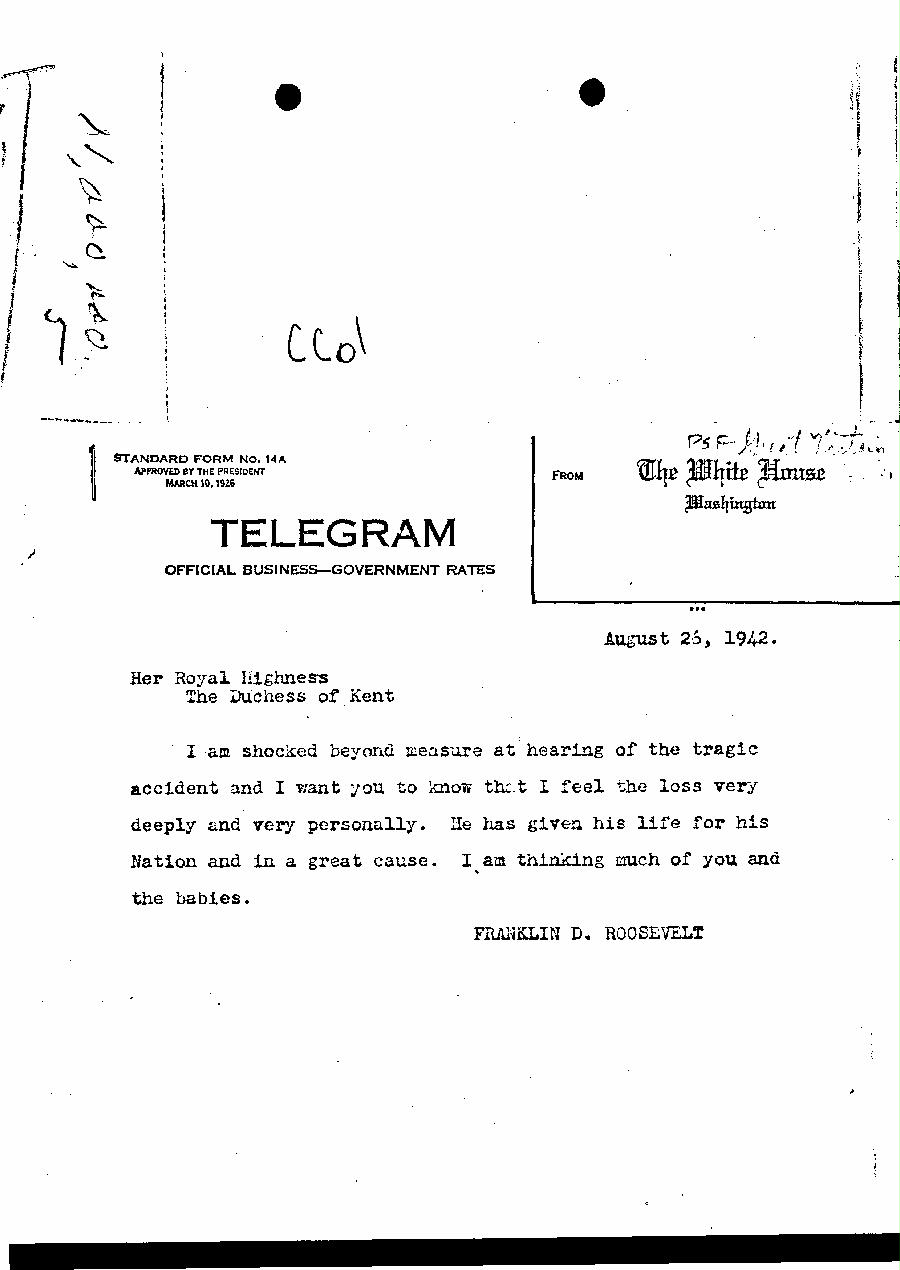 [a327cc01.jpg] - Telegram from The White House to Duchess of Kent.8/26/42.