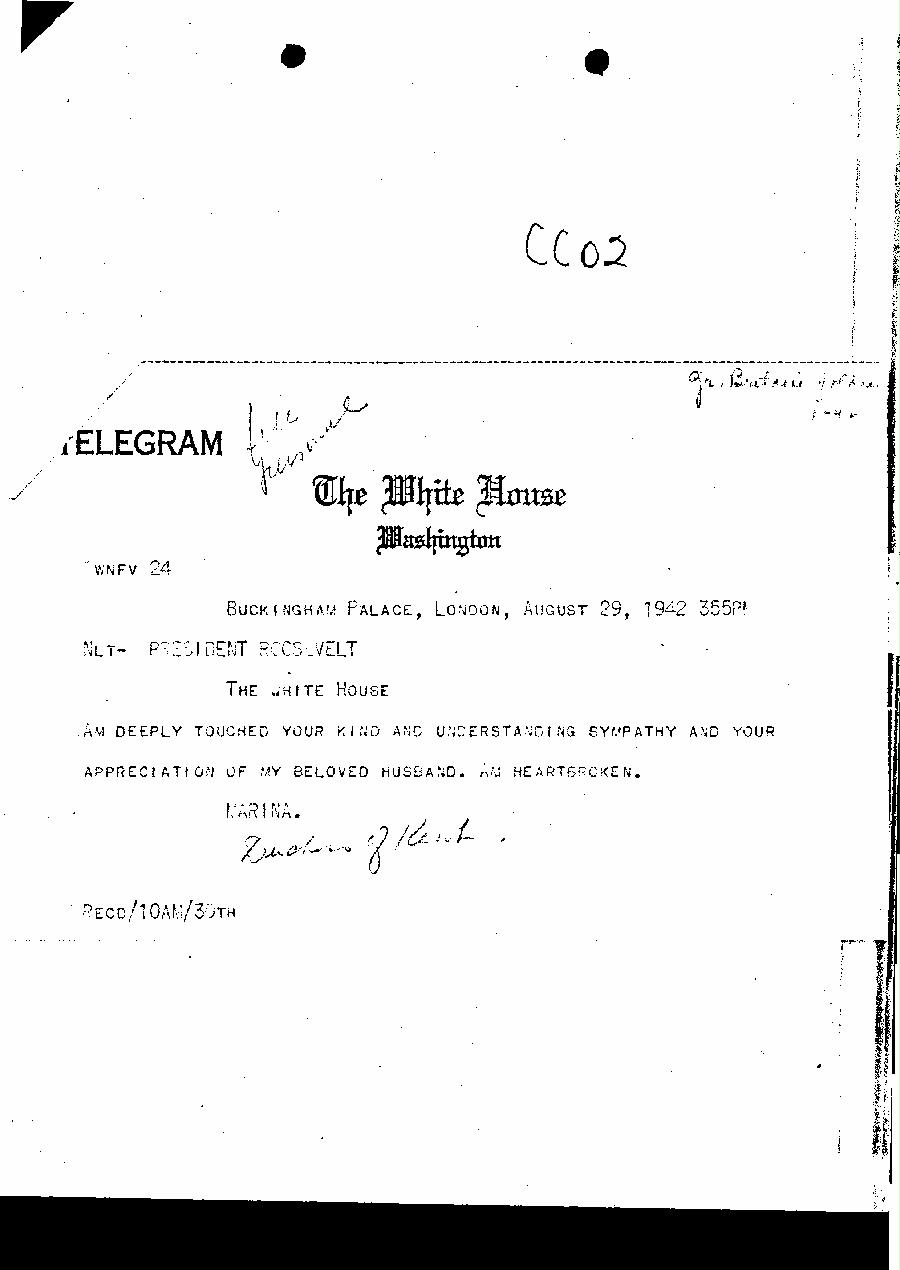[a327cc02.jpg] - Telegram from Duchess of Kent to FDR. 8/29/42.