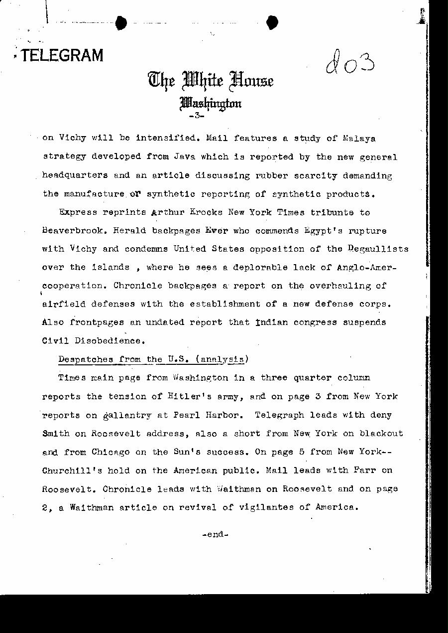 [a327d03.jpg] - Telegram dispatched from White House. 1/7/42.