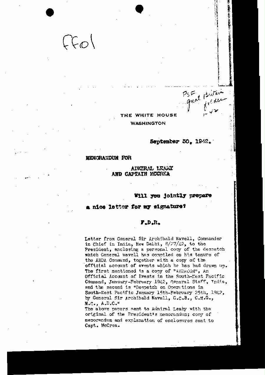 [a327ff01.jpg] - Memorandum FDR --> Admiral Leahy and Capt. McCrea.9/30/42.