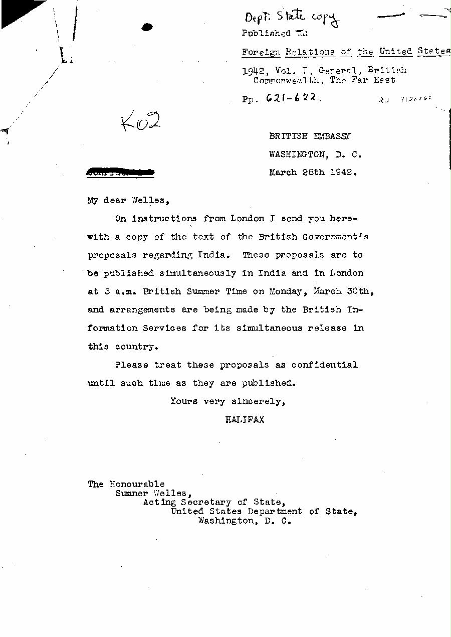 [a327k02.jpg] - Lord Halifax --> Sumner Welles on British Government's proposals regarding India 3/28/42.