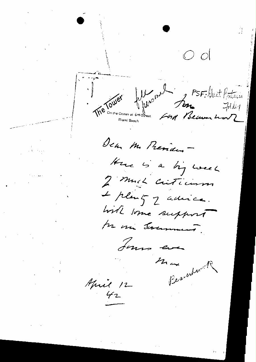 [a327o01.jpg] - Note from Lord Beaverbrook to FDR 4/12/42.