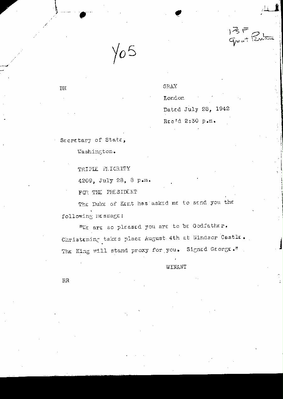 [a327y05.jpg] - Cable to FDR from King George re: Christening date.7/28/42.
