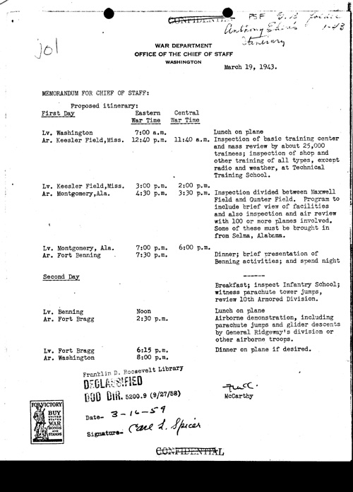 [a330j01.jpg] - Proposed itinerary for Chief of Staff 3/19/43