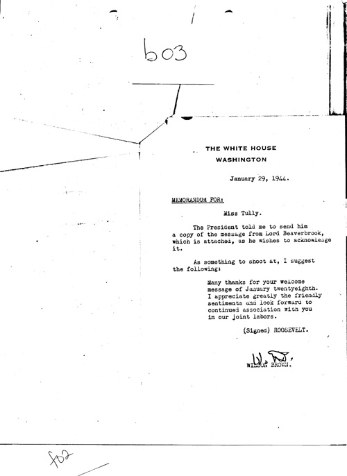 [a331b03.jpg] - Memorandum Wilson Brown --> Miss tully 1/29/44