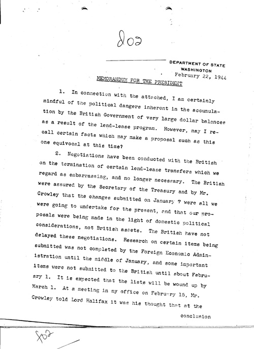 [a331d02.jpg] - E.R. Stettinius, Jr. --> FDR re: Draft of letter from the President to the Prime Minister 2/22/44