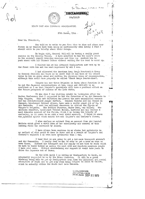 [a331f01.jpg] - Lord Mountbatten --> FDR 3/28/44 re: South East Asia Command Headquarters Update