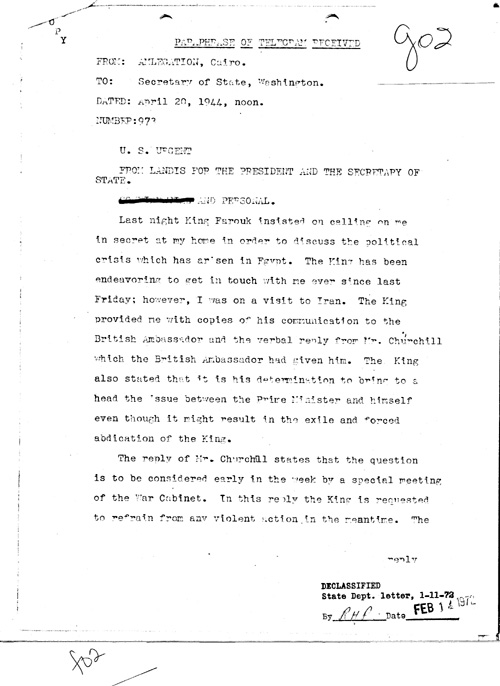 [a331g02.jpg] - Kirk [Landis! --> Secretary of State and FDR re: British involvement in political crisis in Egypt 4/20/44