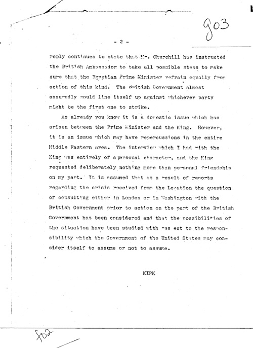 [a331g03.jpg] - Memo. Secretary of State C.H. -- FDR:Telegram from Mr. Landis regarding political crisis in Egypt 4/20/44