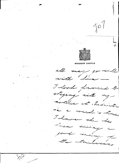 [a331j07.jpg] - Queen Mary to Mrs. Roosevelt re: letter thanking for opportunity to meet American nurses, members of Women's Army Corps; mentions eldest son been wounded in combat and taken prisoner of war.7/29/44