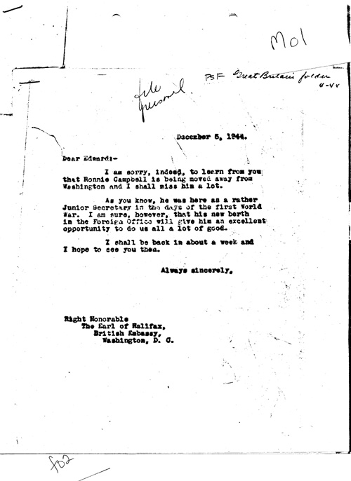 [a331m01.jpg] - FDR --> Earl of Halifax re: Ronnie Campbell 12/5/44