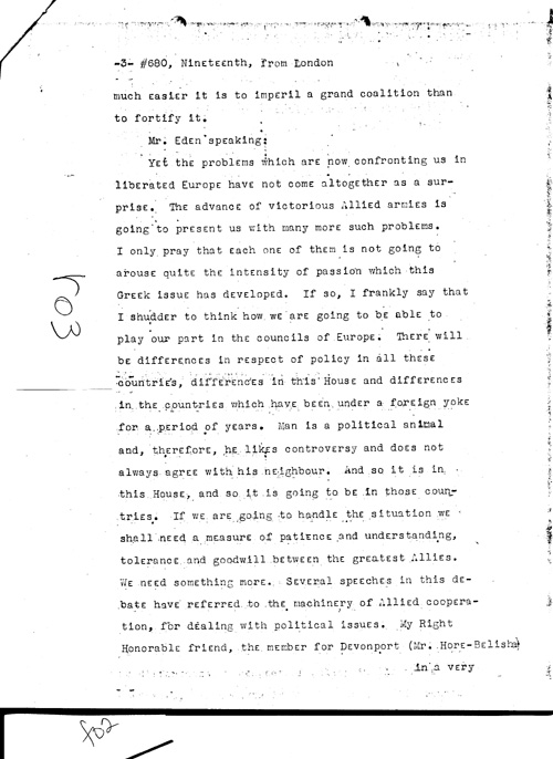 [a331r03.jpg] - Telegram from London --> Secretary of State re: Text of Mr. Eden's speech summing up debate on war situation 1/19/45