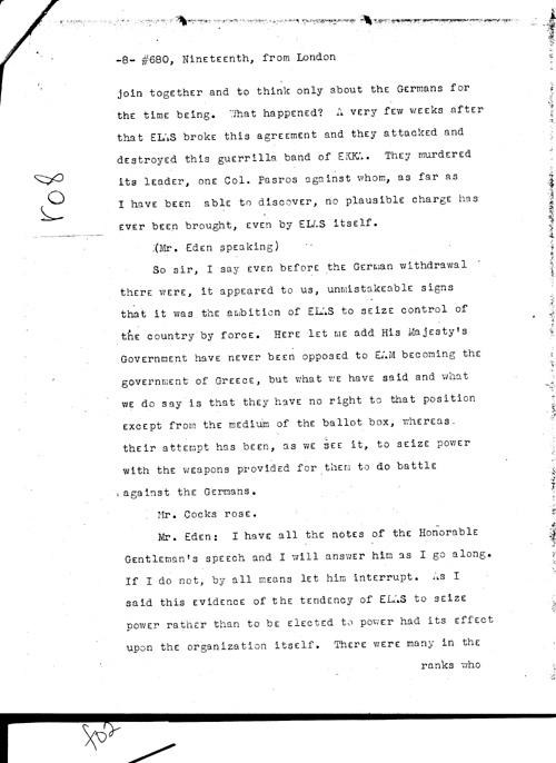 [a331r08.jpg] - Telegram from London --> Secretary of State re: Text of Mr. Eden's speech summing up debate on war situation 1/19/45