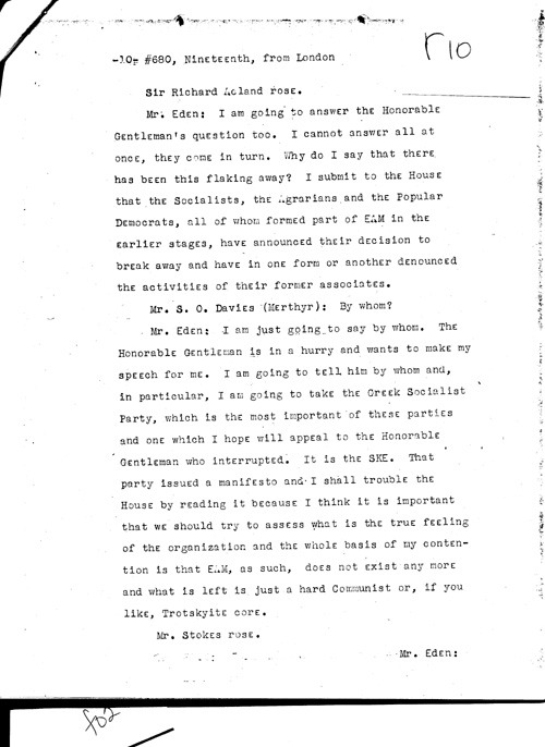 [a331r10.jpg] - Telegram from London --> Secretary of State re: Text of Mr. Eden's speech summing up debate on war situation 1/19/45