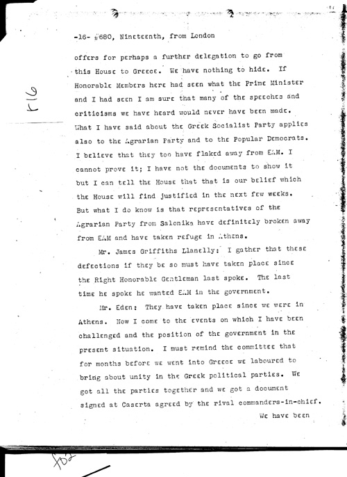 [a331r16.jpg] - Telegram from London --> Secretary of State re: Text of Mr. Eden's speech summing up debate on war situation 1/19/45