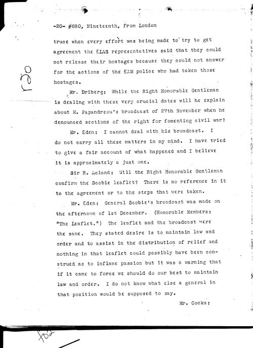 [a331r20.jpg] - Telegram from London --> Secretary of State re: Text of Mr. Eden's speech summing up debate on war situation 1/19/45