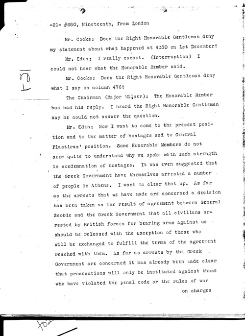 [a331r21.jpg] - Telegram from London --> Secretary of State re: Text of Mr. Eden's speech summing up debate on war situation 1/19/45