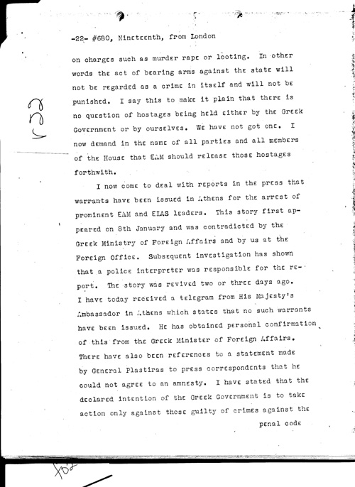 [a331r22.jpg] - Telegram from London --> Secretary of State re: Text of Mr. Eden's speech summing up debate on war situation 1/19/45