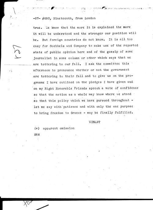 [a331r27.jpg] - Telegram from London --> Secretary of State re: Text of Mr. Eden's speech summing up debate on war situation 1/19/45